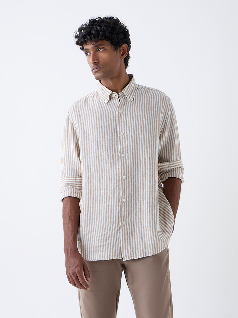 Ascot Beige Striped Relaxed-Fit Linen Shirt - Image 2