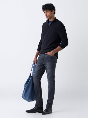 WES Formals Black Knit-Textured Slim-Fit Sweater