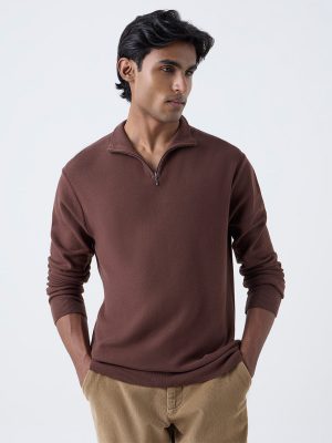 WES Formals Brown Knit-Textured Slim-Fit Sweater