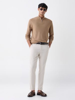 WES Formals Light Brown Knitted Slim-Fit Sweater