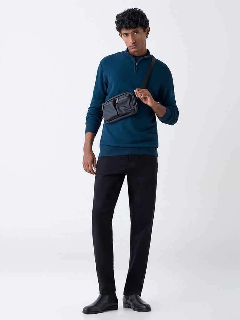 WES Formals Teal Knit-Textured Slim-Fit Sweater