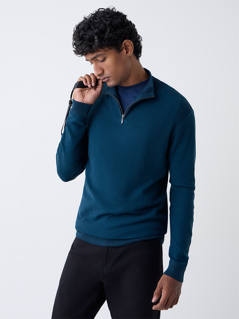 WES Formals Teal Knit-Textured Slim-Fit Sweater - Image 3