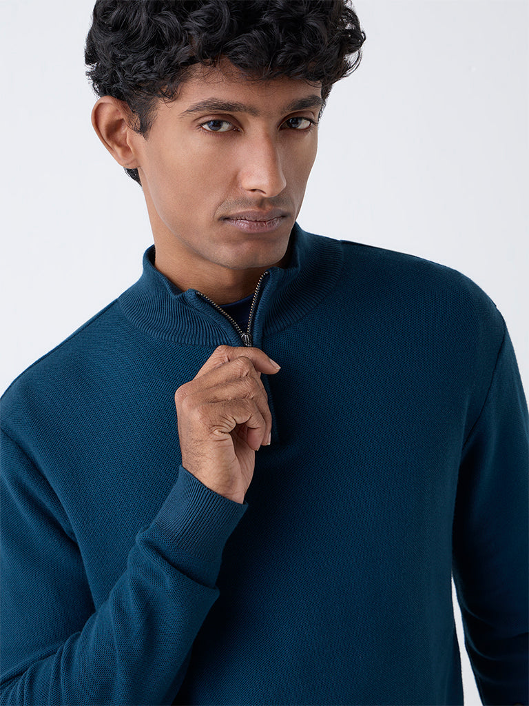 WES Formals Teal Knit-Textured Slim-Fit Sweater - Image 4