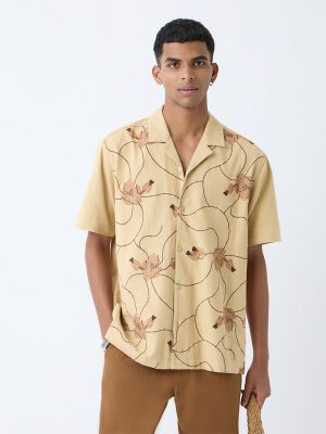 ETA Beige Floral Embroidered Relaxed-Fit Cotton Shirt