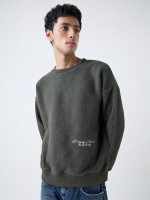 Nuon Olive Text Design Relaxed-Fit Cotton-Blend Sweatshirt