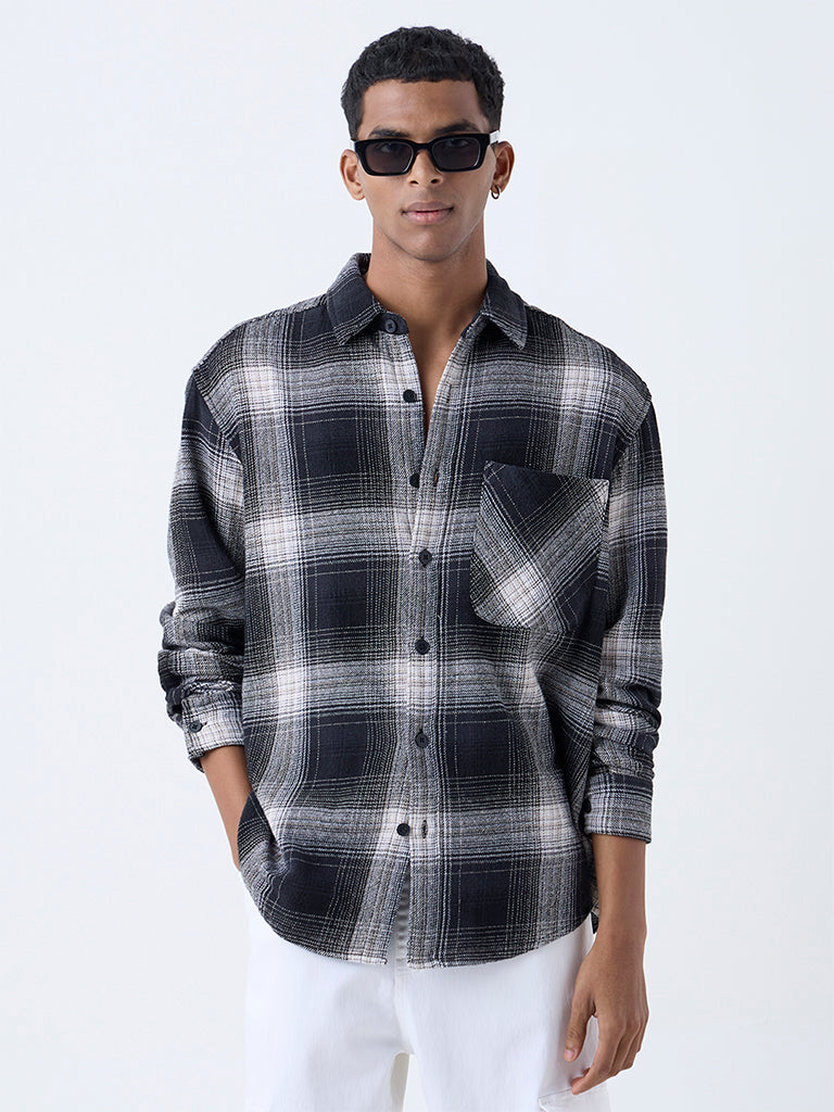 Nuon Black Checks Printed Relaxed-Fit Cotton Shirt