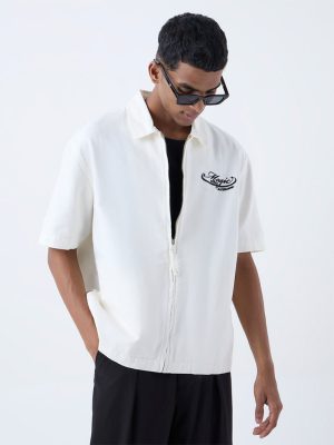 Nuon White Text Detailed Relaxed-Fit Cotton Jacket