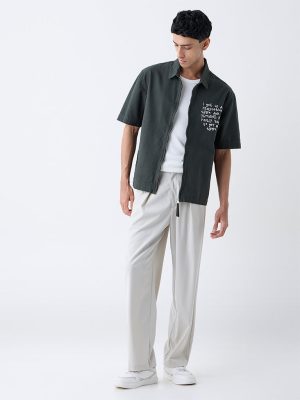 Nuon Dark Green Text Embroidered Relaxed-Fit Cotton Jacket