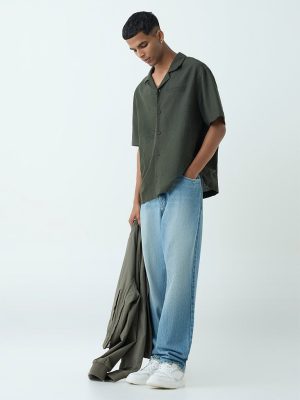 Nuon Olive Embroidered Relaxed Fit Shirt