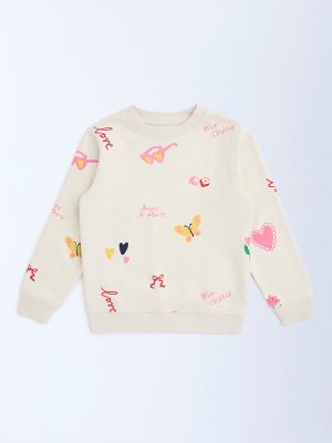 HOP Kids Light Beige Printed Cotton-Blend Sweatshirt