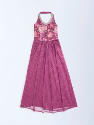 Utsa Kids Dusty Rose Floral Pattern Halter-Neck Dress - (8-14yrs)