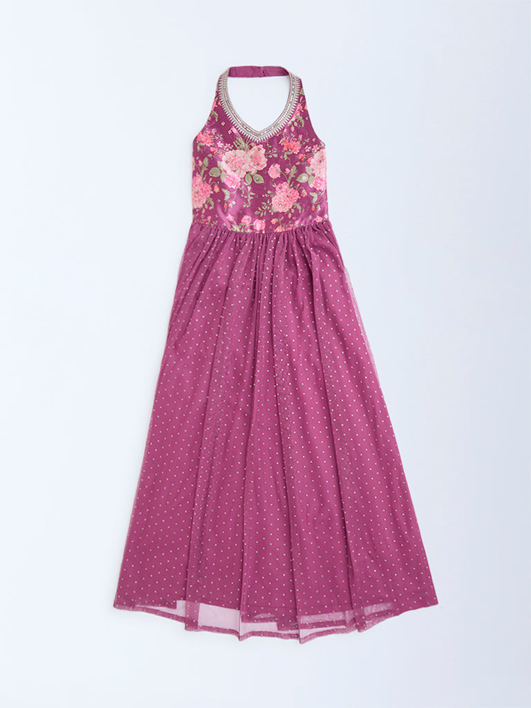 Utsa Kids Dusty Rose Floral Pattern Halter-Neck Dress - (8-14yrs)