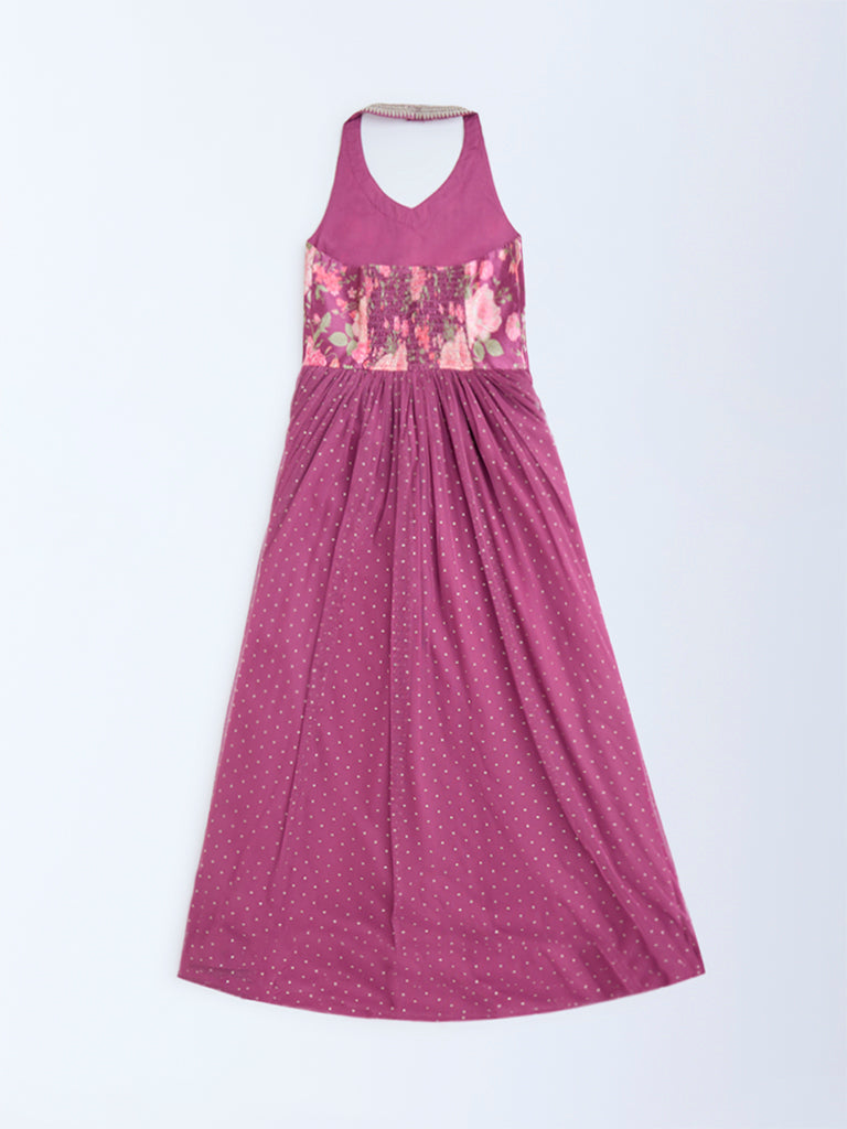 Utsa Kids Dusty Rose Floral Pattern Halter-Neck Dress - (8-14yrs) - Image 2