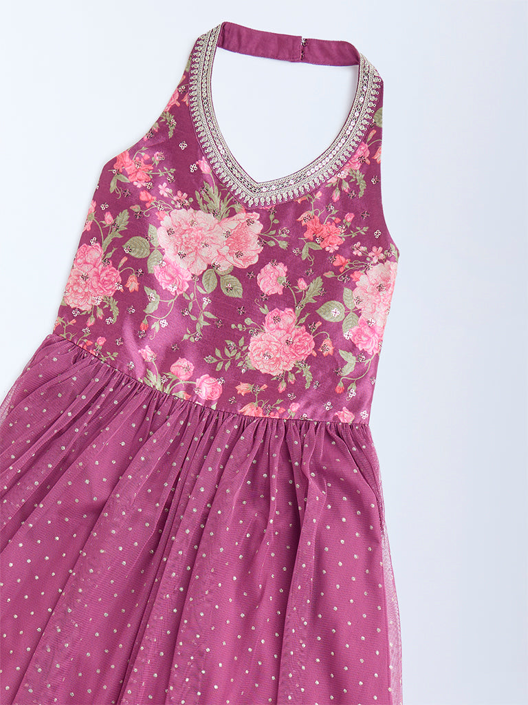 Utsa Kids Dusty Rose Floral Pattern Halter-Neck Dress - (8-14yrs) - Image 3
