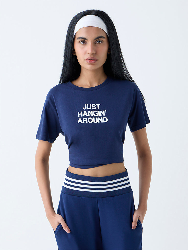 Studiofit Navy Text Design Cotton T-Shirt