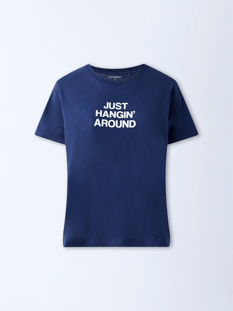 Studiofit Navy Text Design Cotton T-Shirt - Image 5