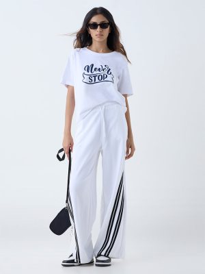 Studiofit White Text Printed Cotton T-Shirt