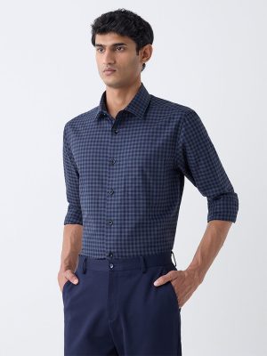 WES Formals Navy Checks Pattern Relaxed-Fit Cotton Shirt