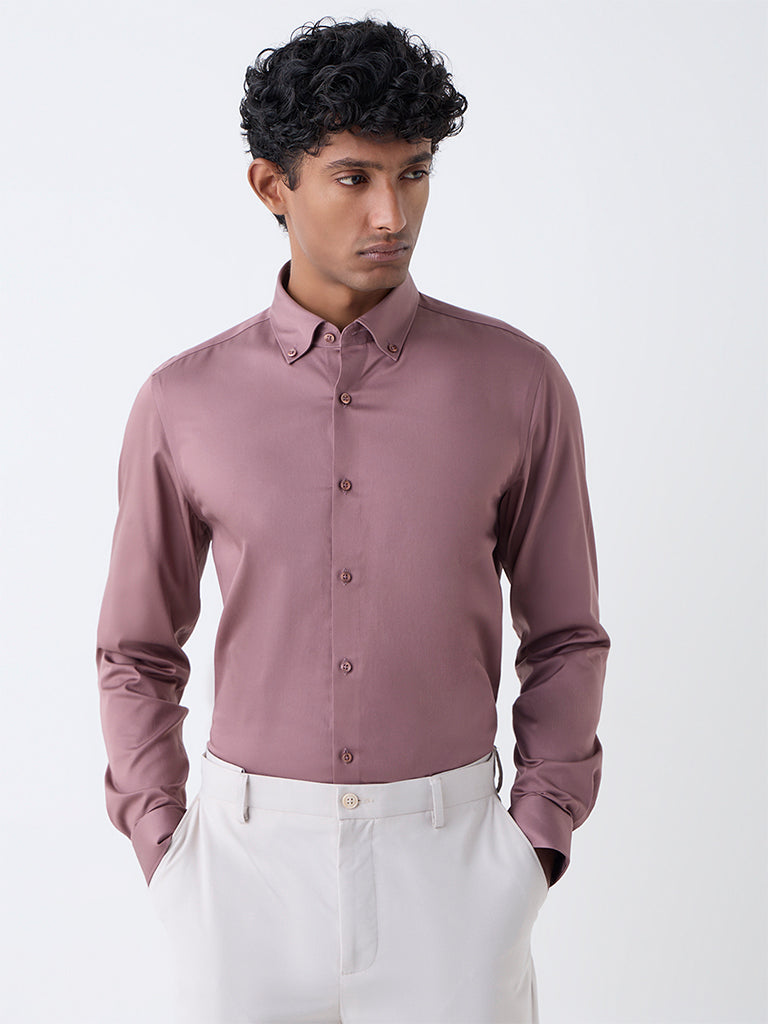 WES Formals Mauve Solid Slim-Fit Cotton-Blend Shirt - Image 3