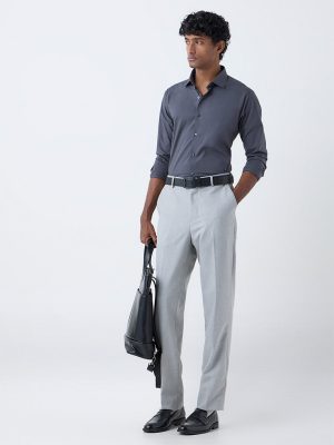 WES Formals Grey Striped Relaxed-Fit Mid-Rise Trousers