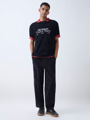 Nuon Black Cargo-Style Relaxed-Fit Mid-Rise Corduroy Pants