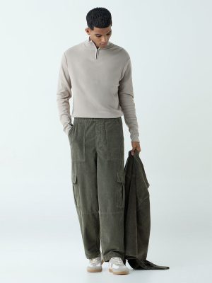 Nuon Olive Cargo-Style Relaxed-Fit Mid-Rise Corduroy Pants