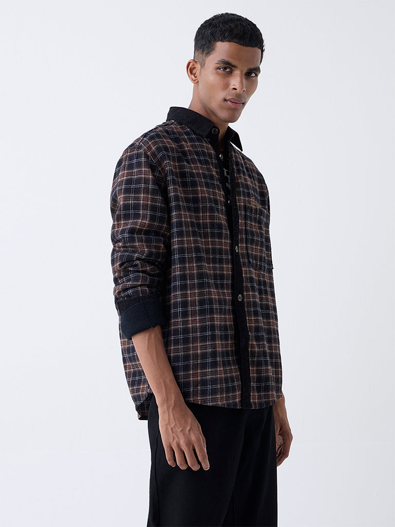 Nuon Brown Checks Pattern Relaxed-Fit Cotton Shirt - Image 2