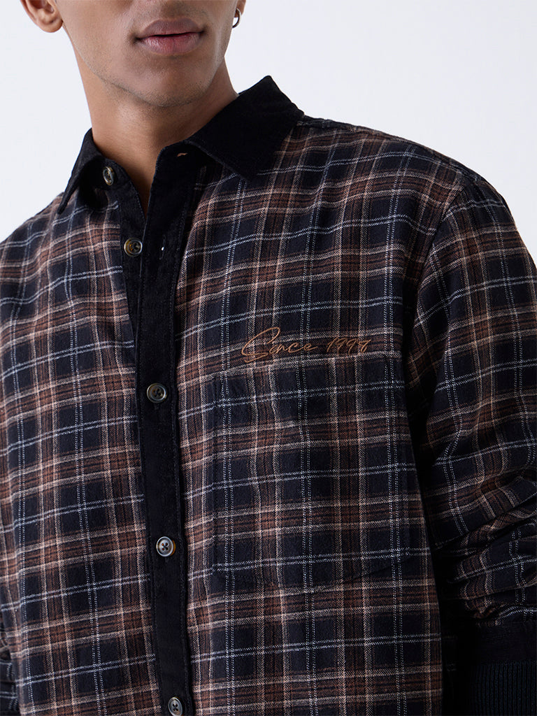 Nuon Brown Checks Pattern Relaxed-Fit Cotton Shirt - Image 3