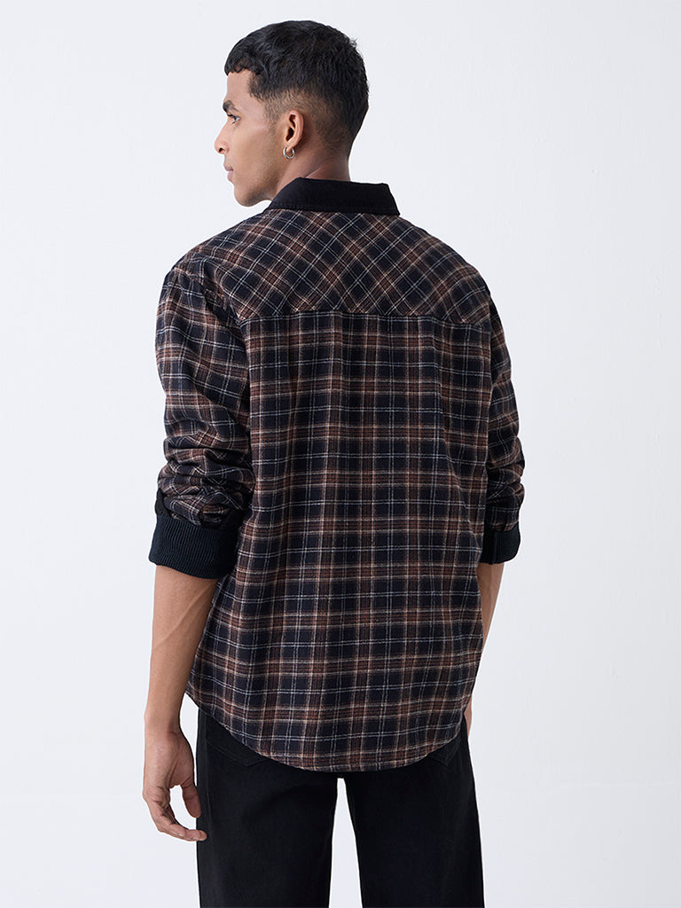 Nuon Brown Checks Pattern Relaxed-Fit Cotton Shirt - Image 4
