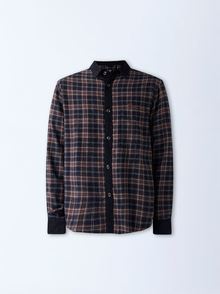 Nuon Brown Checks Pattern Relaxed-Fit Cotton Shirt - Image 5