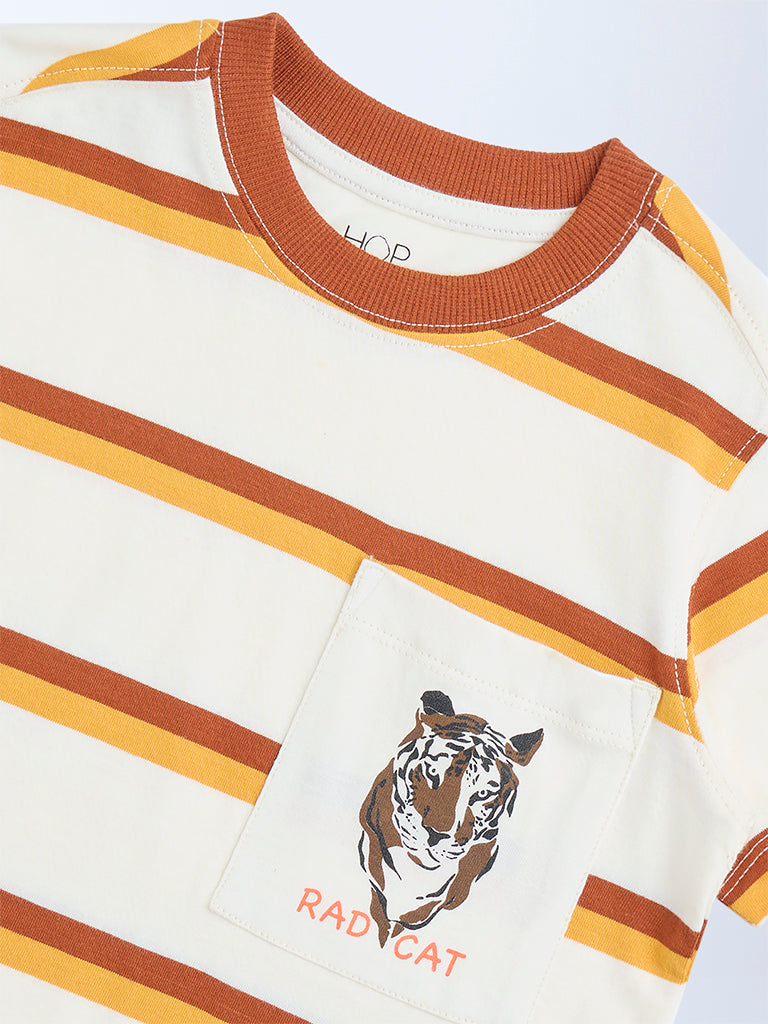 HOP Kids Off-White Striped Cotton T-Shirt - Image 3