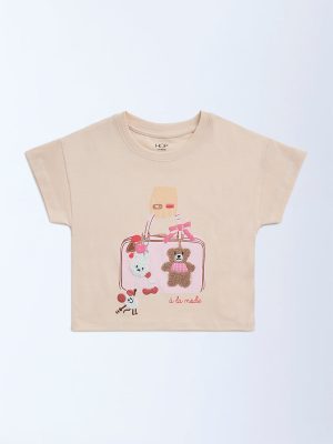 HOP Kids Peach Embroidered Cotton T-Shirt