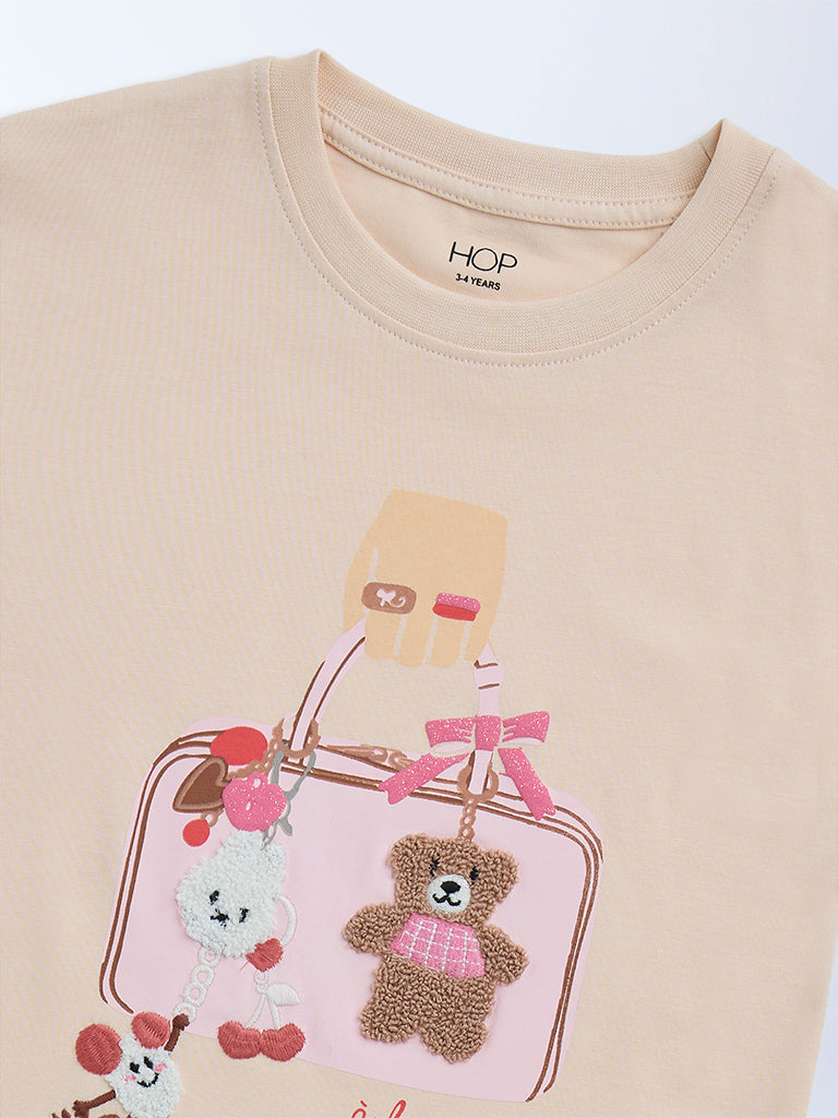 HOP Kids Peach Embroidered Cotton T-Shirt - Image 3