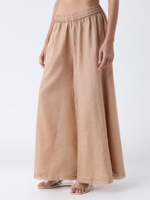Zuba Beige Solid Wide-Leg Palazzos