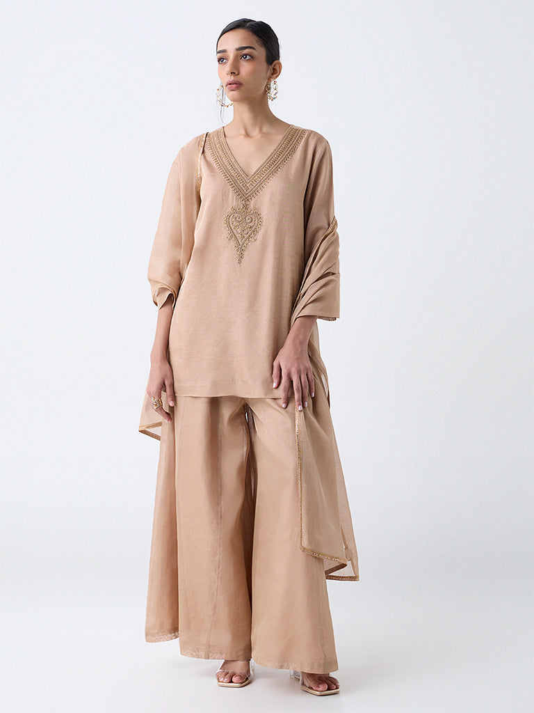 Zuba Beige Zari Embroidered Straight Kurti