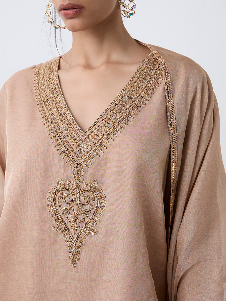 Zuba Beige Zari Embroidered Straight Kurti - Image 3