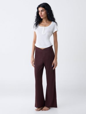 Superstar Brown Ribbed Cross-Waist High-Rise Pants