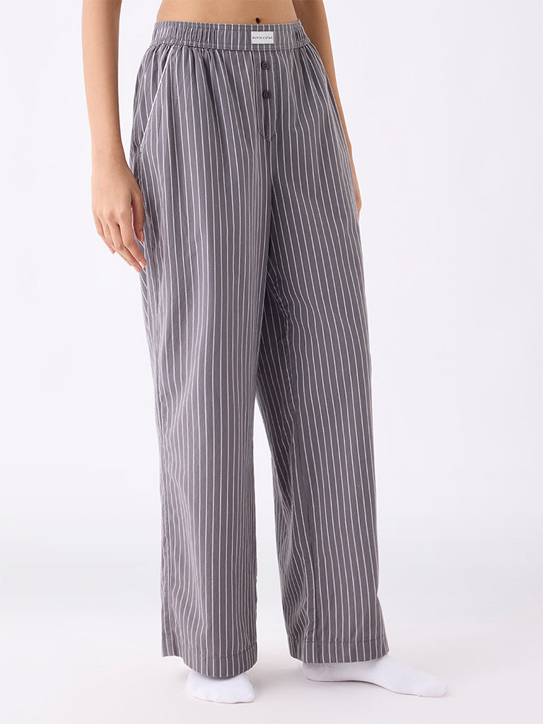 Superstar Charcoal Stripe Pattern High-Rise Cotton Pants - Image 2