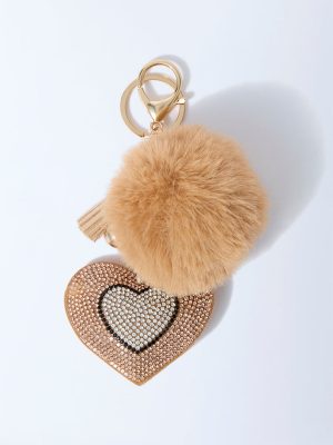 Studiowest Beige Heart Bedazzled Pom Pom Bag Charm