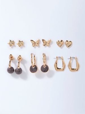 Westside Accessories Gold Gemstone-Detailed Studs and Hoops - Pack of 6