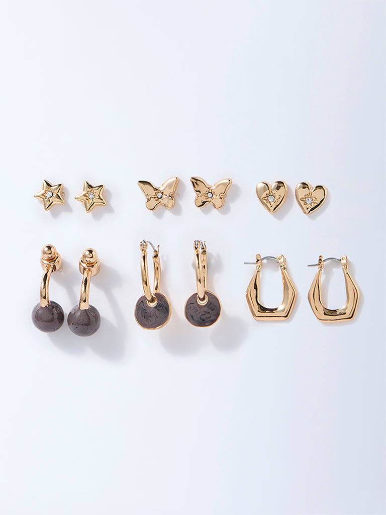 Westside Accessories Gold Gemstone-Detailed Studs and Hoops - Pack of 6