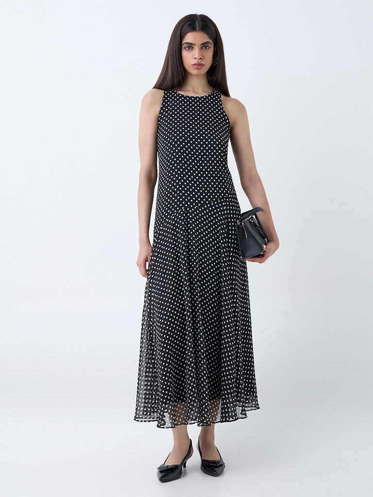 Wardrobe Black Polka Dotted Drop-Waist Dress