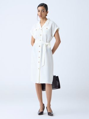 Wardrobe White Solid Shirt Dress with Belt