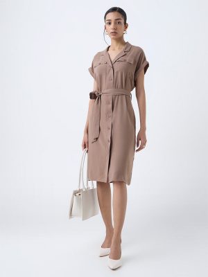 Wardrobe Brown Solid Shirt Dress with Belt