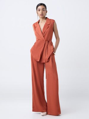 Wardrobe Orange Textured High-Rise Pants