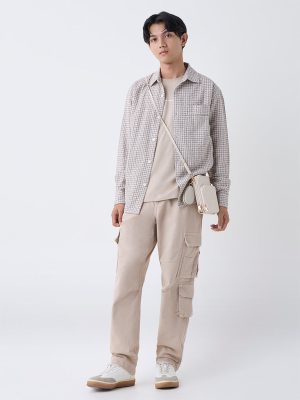 Nuon Beige Cargo-Style Relaxed-Fit Mid-Rise Cotton Pants