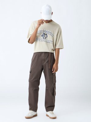 Nuon Brown Cargo-Style Relaxed-Fit Mid-Rise Cotton Pants