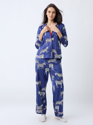 Wunderlove Navy Animal Pattern Shirt and Pyjamas Set
