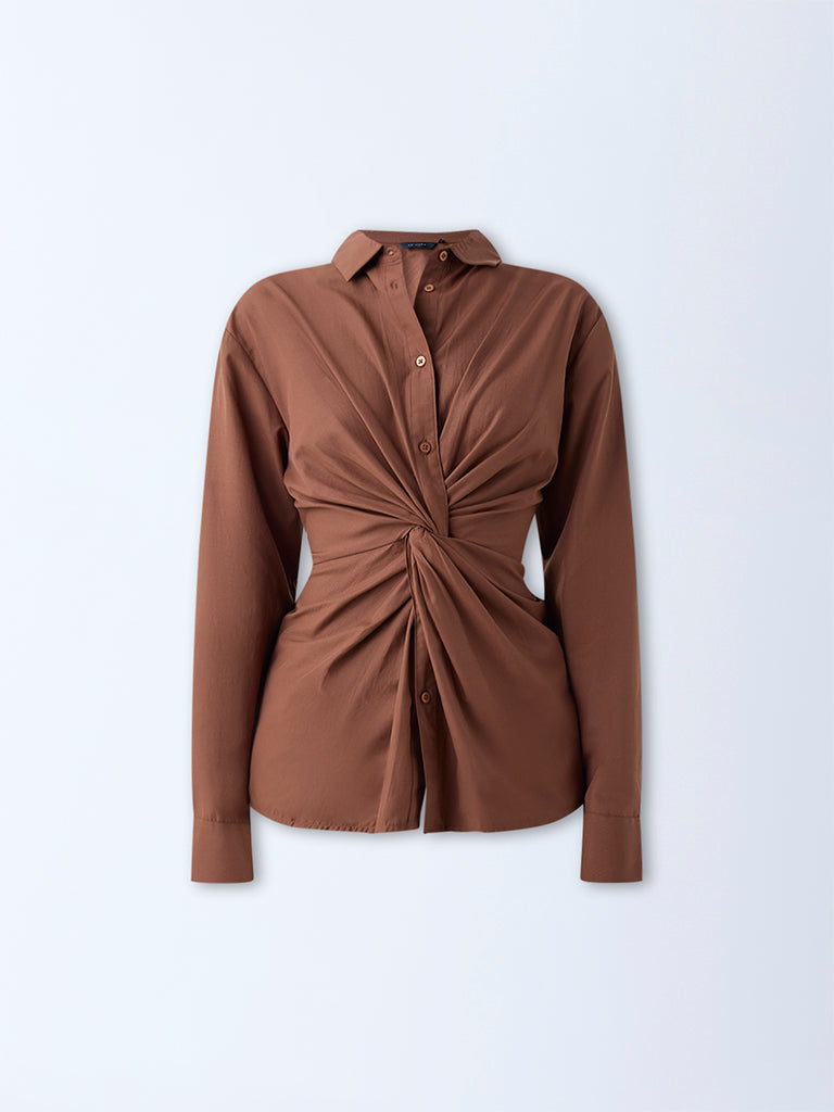 Wardrobe Brown Knot-Detailed Shirt - Image 5