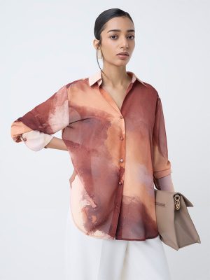Wardrobe Rust Marble Printed Sheer Shirt With Camisole